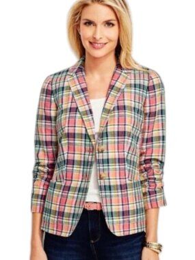 Talbots Madras Plaid Linen Blend Blazer Jacket Preppy Spring Coastal Chic